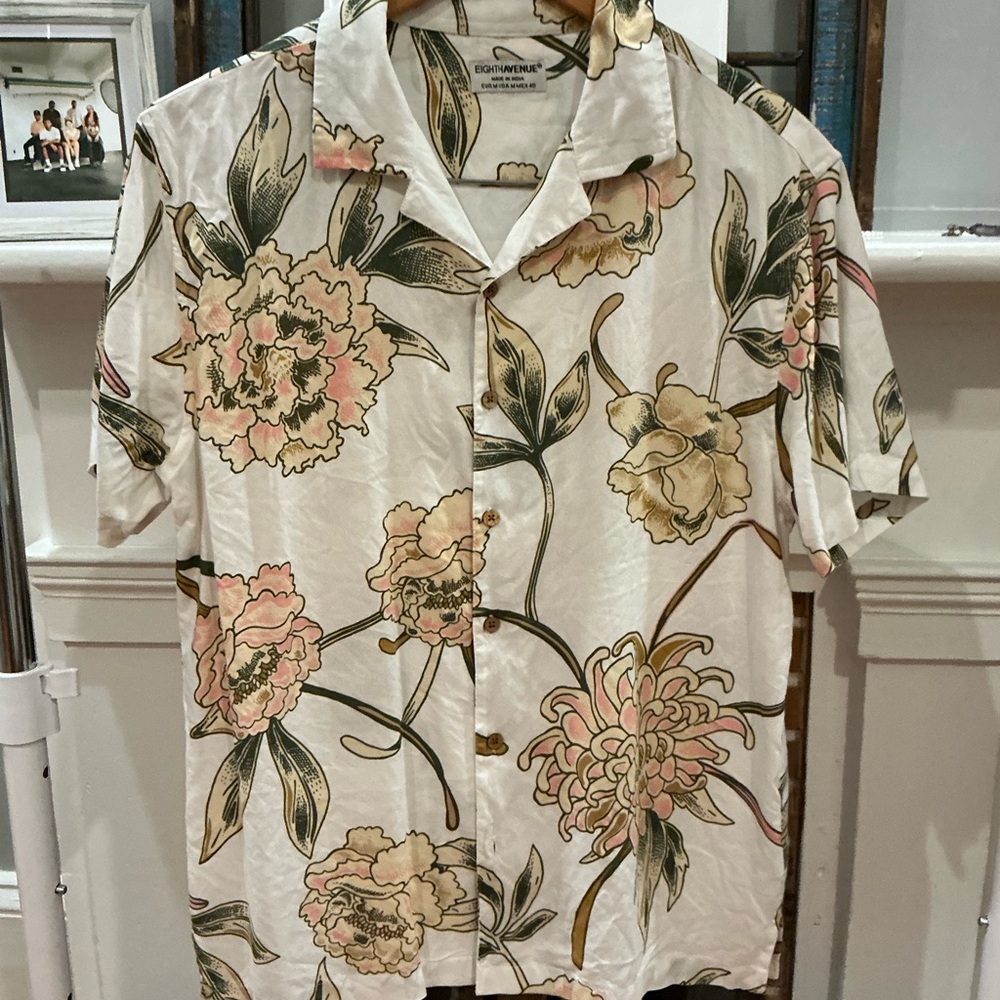 Towncraft Floral Button Down Shirt in Cream and Green